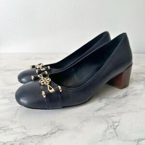 Tory Burch Navy Leather Gold Logo Hardware Low Block Heel women’s Size 7